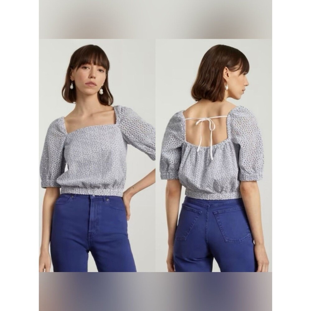 Everlane Blue/ White The Eyelet Puff Sleeve Blouse Small Cottagecore Farmhouse